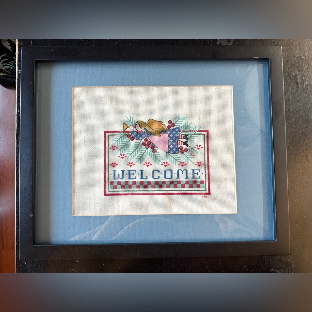 Vintage framed cross stitch welcome needlepoint
